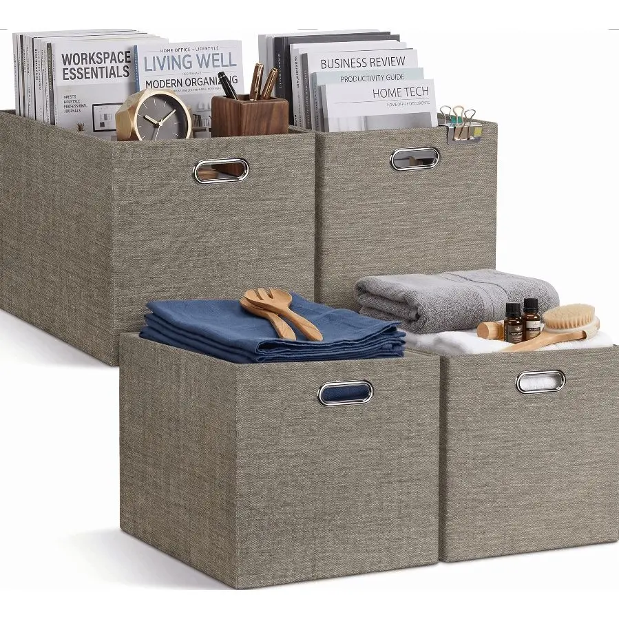 4 Pack Foldable Fabric Storage Bins with Metal Handles, Large Capacity Collapsible Cube Storage Organizers for Shelves, Closets, Bedrooms, Living Rooms, Clothes, Toys, Blankets and Home Organization