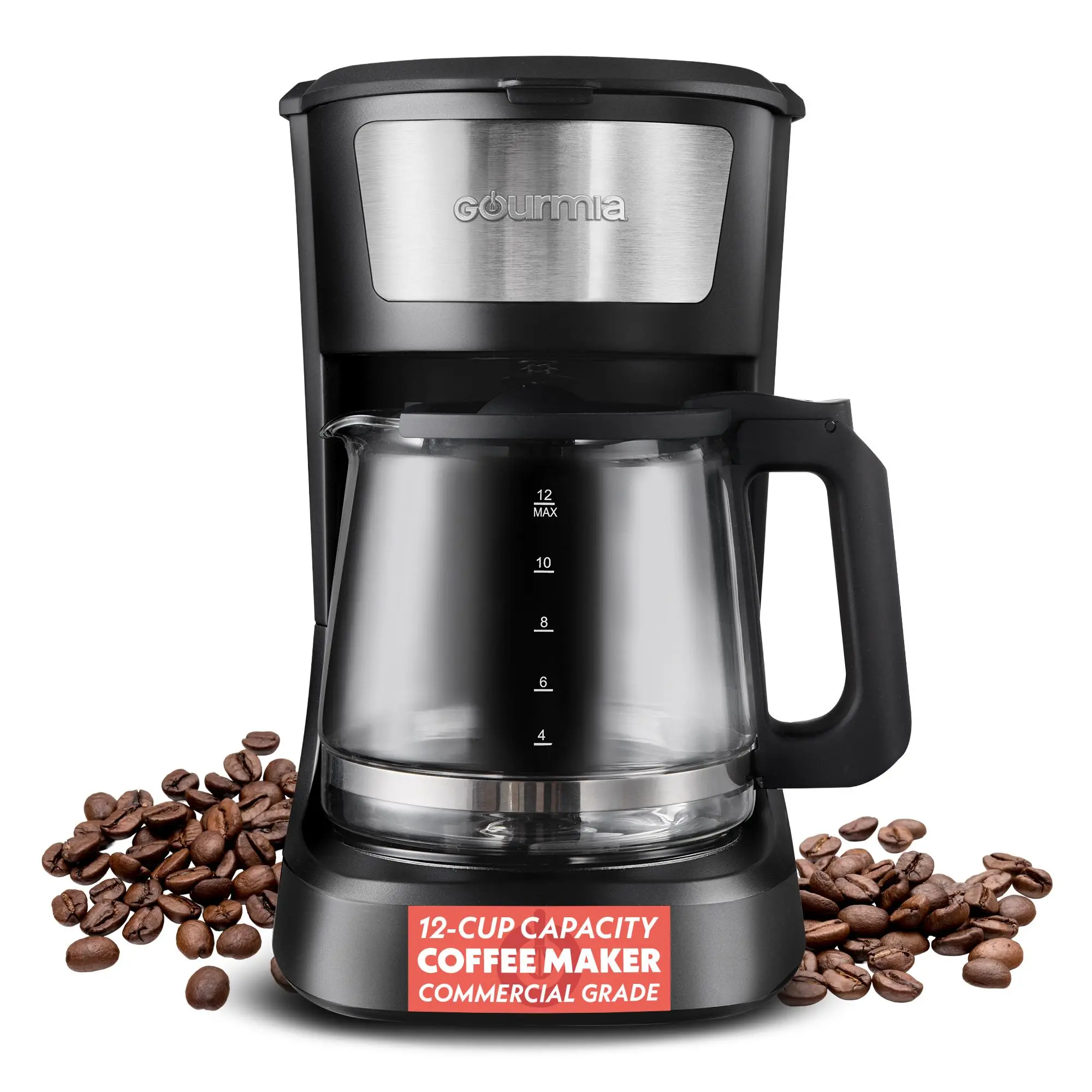 Gourmia 12-Cup Coffee Maker - 1-Touch Operation, Pause & Serve, Automatic Keep Warm, Compact Design, Easy View Water Window, Stainless Steel Accents