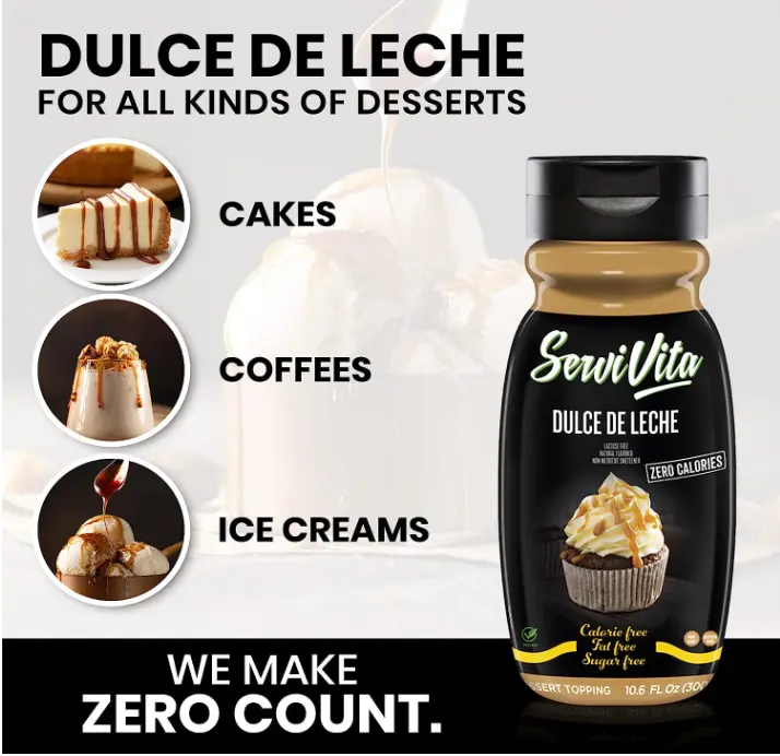Sugar Free DULCE DE LECHE Topping Zero Calories and Fat Free, 10.6 FL OZ - No Sugar Dulce De Leche Syrup Dessert Topping Gluten-Free, Non-GMO, Vegan and Keto Friendly - ServiVita