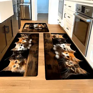 Cute Peeking Cat Kitchen Mat Set Non Slip Washable Floor Runner Rug Funny Kitten Animal Decor for Home Kitchen Bathroom Entrance Absorbent Carpet Gift for Cat Lovers