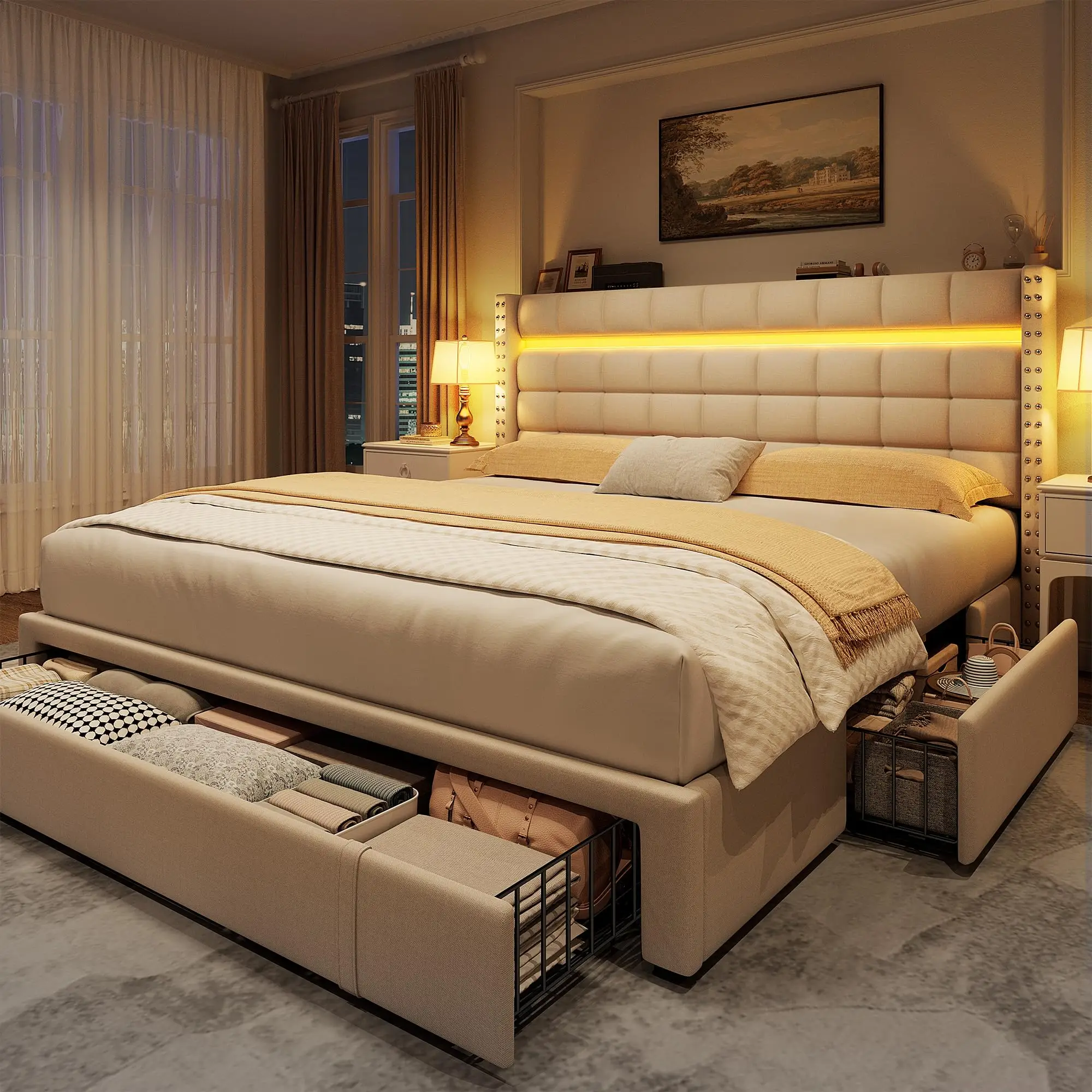 Raybee Furniture 3 Drawers Bed frame for Queen, No Mattress, LED Bed Frame with Adjustable Headboard and Storage, NO Noise,No Spring Needed, Hold 880L