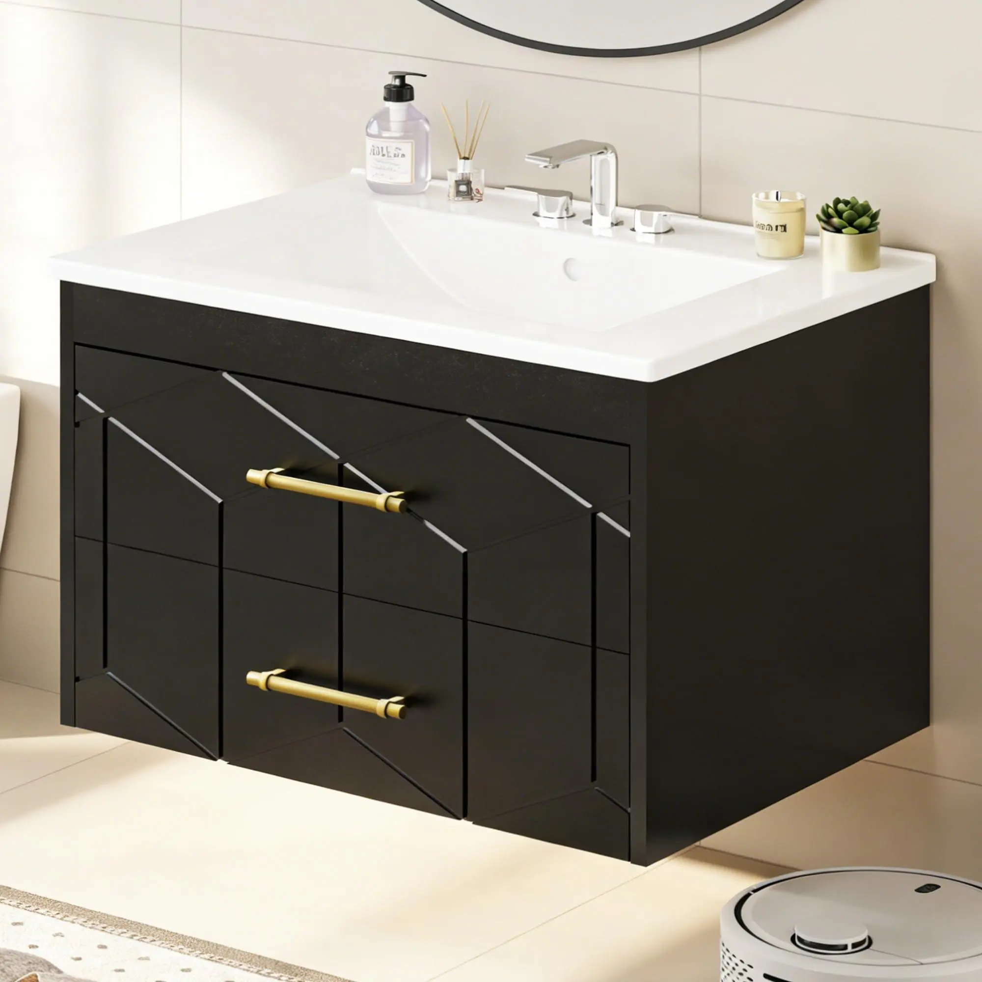Floating Bathroom Vanity with Sink 30 Inch Modern Cabinet Ceramic Top 2 Large Storage Drawers Gold Metal Handle Easy Assembly, Black
