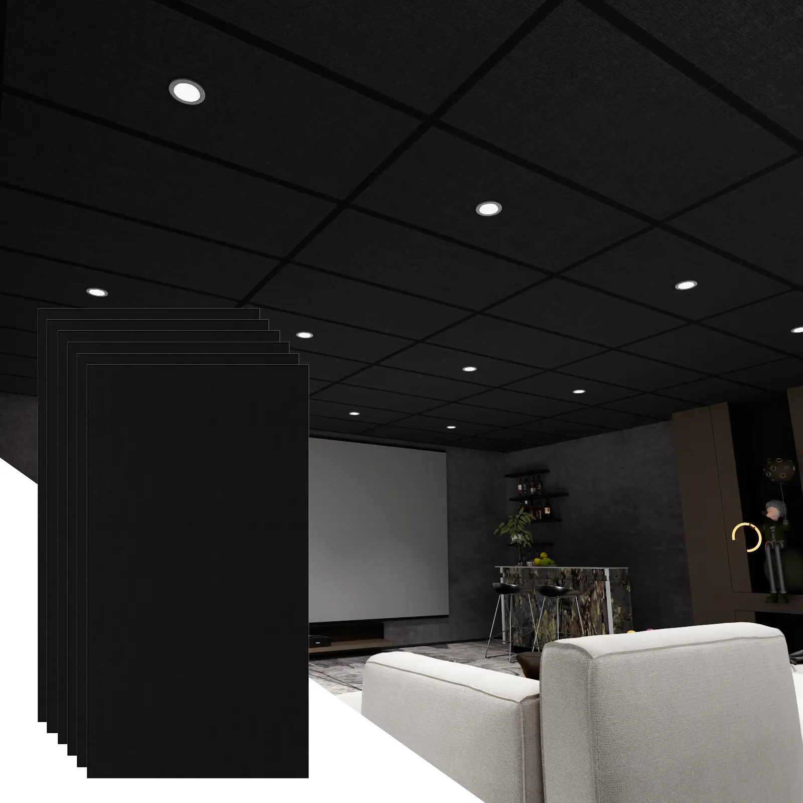 BaseNoir 6/12/24 PCS Black Polyester Fiber Acoustic Ceiling Tiles Reduce Light Reflection 2x4 Ft Ideal For Home Theater Basement Cover 48/96/192 Sq.Ft