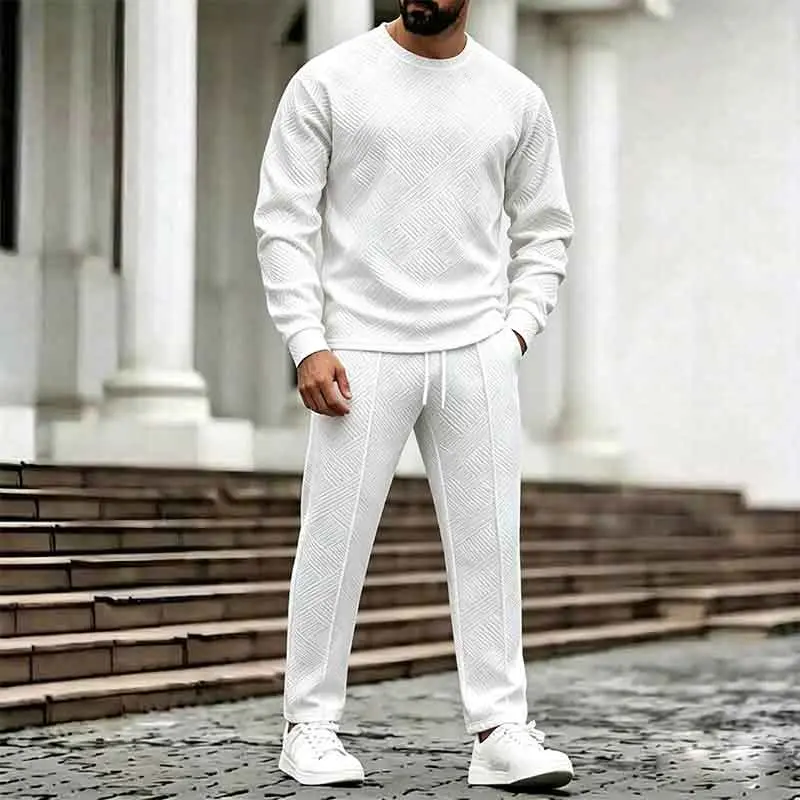 Men’s White Twill 3D Jacquard Two-Piece Set Solid Color Crew Neck Long Sleeve Sweatshirt + Drawstring Elastic Waist Straight Leg Pants Commuter Fitness Casual Sport Set backtoschool