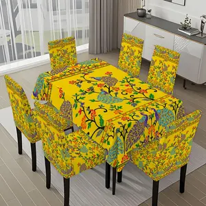 5/7-piece 2D Flat Printing Happy Spring Yellow Peacock Flowers and Birds Printing Pattern Tablecloth and Chair Cover Set, for dining table and chair decoration, perfect for home, holiday gatherings, restaurants, and parties.