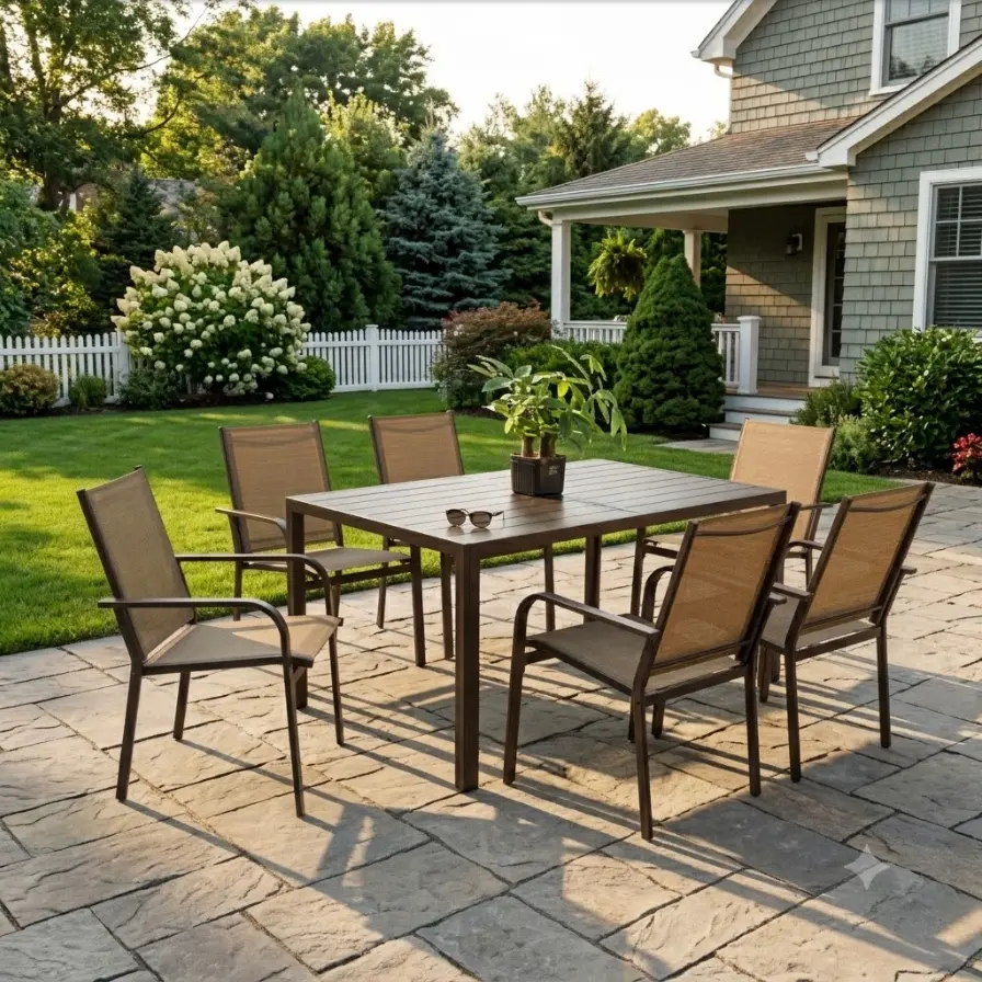 7-Piece Patio Dining Set for 6, Outdoor Textilene Mesh Furniture Set with Rectangular Metal Table and 6 Stackable Chairs for Family Backyard Gathering
