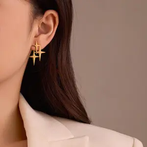 Women's Elegant Minimalist Geometric Star Cross Stainless Steel Earrings, Gold Earring Stack, Ideal for Daily Casual Wear, Holiday Parties, Birthday Gift Accessories, Elegant Minimalist Earrings