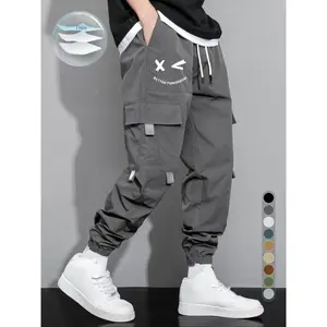 Men's Cartoon Face & Letter Print Drawstring Waist Cargo Pants, Casual Regular Fit Utility Jogger Bottoms, Men's Trousers for All Seasons, Pants for Men, Mens Pants,  Pants for Men Menswear Grey