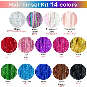 Hair Tinsel Kit, Tinsel Hair Extensions with Tools, Specific Color Heat Resistance Fairy Hair Tinsel Kit for Women Girls Hair Accessories Black Hair Band Synthetic Extensions & Pieces (48 Inch,14-Color, 3500 strands) Threader Micro Silicone Link Ring