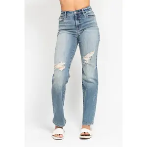 Judy Blue High Waist Harsh Tint & Destroy Straight Dad Denim Jeans 82641 Fit Spandex, Streetwear, Cotton, Street Style, Vibe