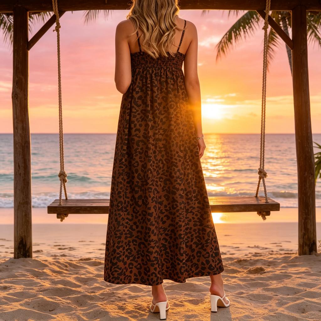 Wodubu Women's Casual Polka Dot Maxi Dress - Lady's Fashionable, Comfortable Spaghetti Strap Smocked Loose Beach Vacation Dress with Pockets