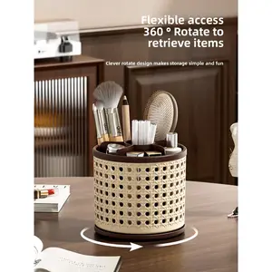 360° Rotating Pen Holder, Spacious Desktop Organizer for Students, Makeup Brush Storage Box, Independent Compartments, Vintage Style Design