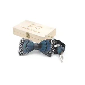 Polka-dot Blueish Pheasant Feather Bow Ties lapel Pin Set