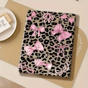 Leopard Print Bowknot Tri-Fold iPad Case, for mini 3/4/5/6/7, Air 1/2/3, Pro Series, Galaxy Tab S6/S7/S8/S9/S10, A7/A8/A9. With pencil holder, kickstand and auto sleep function. Perfect holiday gift choice.
