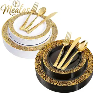 50-Piece Hammered Gold/silver Color Plastic Disposable Cutlery Set, Party Dinnerware, Includes 10 Dinner Plates, Dessert Plates, Perfect for Weddings