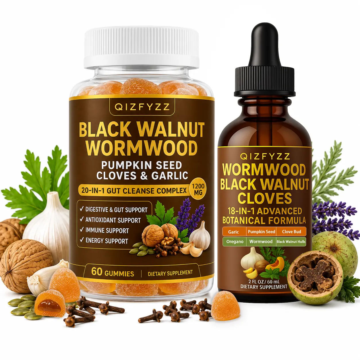 QIZFYZZ Black Walnut Wormwood Gummies – 20-in-1 Gut Cleanse Complex with Pumpkin Seed, Cloves & Garlic | Herbal Gummies Supplement for Digestive, Immune & Energy Support | 60 Gummies