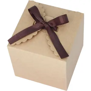 Brown  Boxes with Ribbon - 4x4x4" Foldable Paper Boxes with , Set of 10,  Small  Present Boxes for Weddings, Holidays, Birthdays, Business Packaging