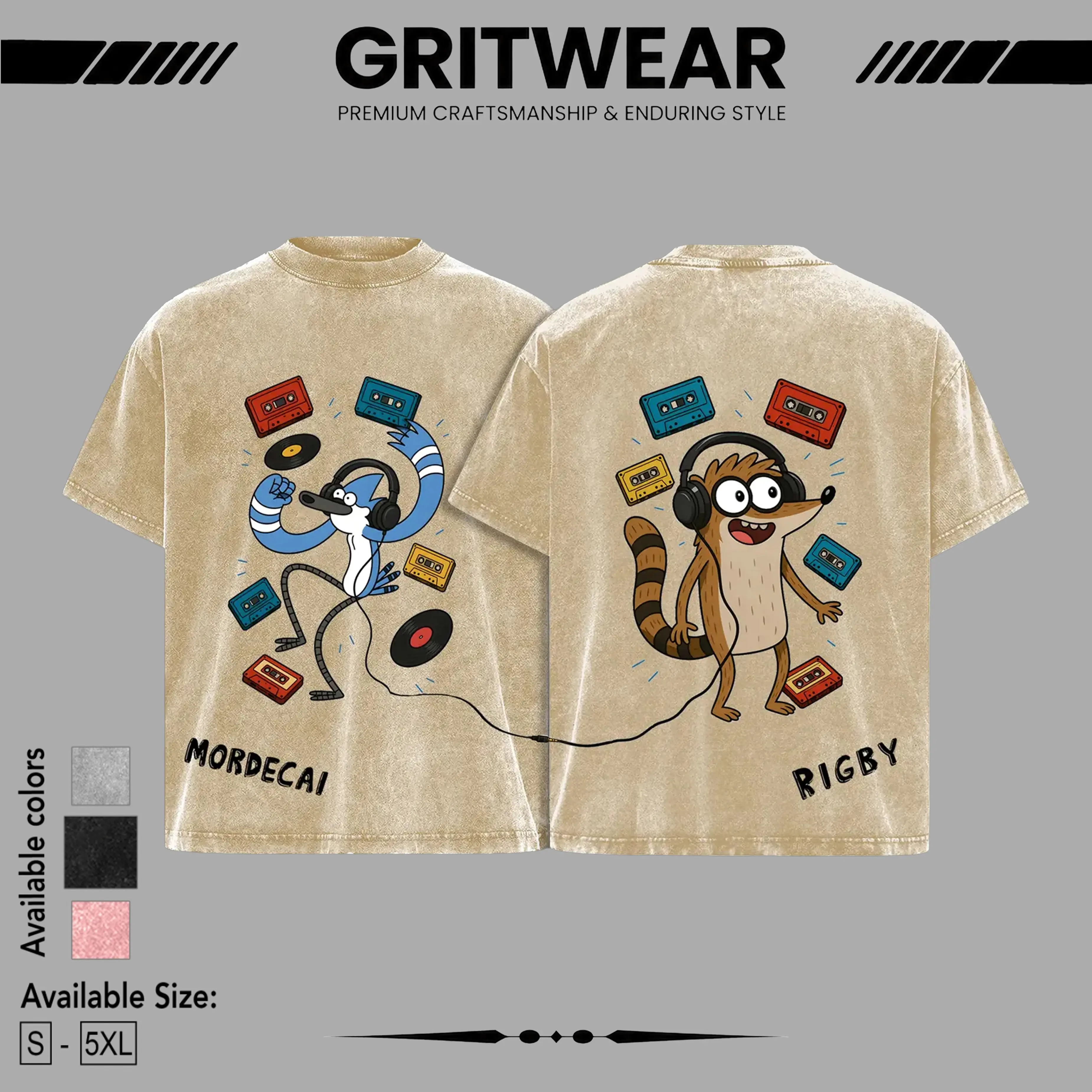 Regular Show Mordecai & Rigby Vintage Washed Graphic T-Shirt, Menswear Gift for anime fans Top Apparel Classic Seamless Simple designer shirts Men's Regular Fit Floral Print Tee Cotton Fabric Black Casual