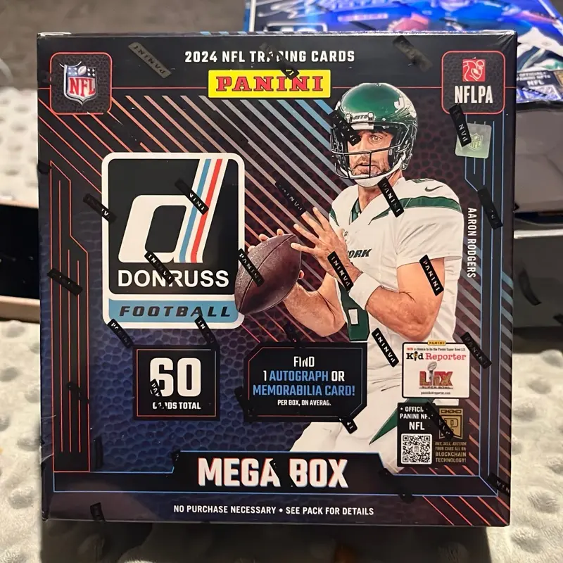 Donruss Football Mega Box - 2024 NFL Trading Cards Featuring Donruss Player in White and Green Jersey