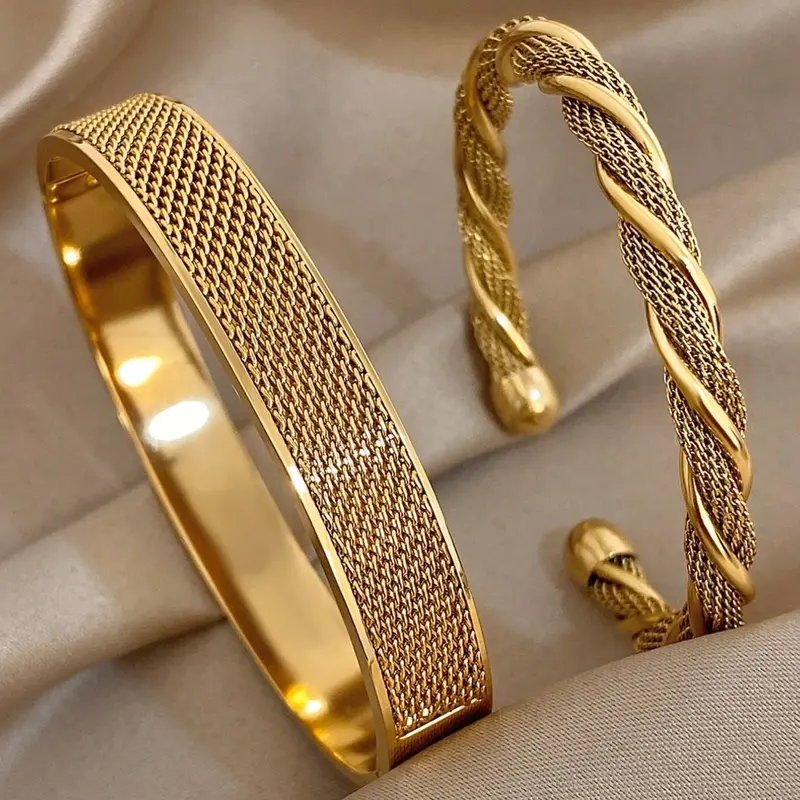 2-Piece Stainless Steel Elegant Braided Twist Bracelet Set for Women, Bangle Bracelet Set, Perfect for Mother's Day, Christmas, Wedding, Party, Jewelry Gifts Accessories, Stainless Steel Bangles, Stacking Bangle Bracelet