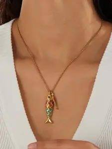 1Pcs Colorful Enamel Fish Pendant Necklace For Women 18K Gold Plated Stainless Steel Waterproof Design Neck Chain Fashion Waterproof Jewelry Elegant Necklace