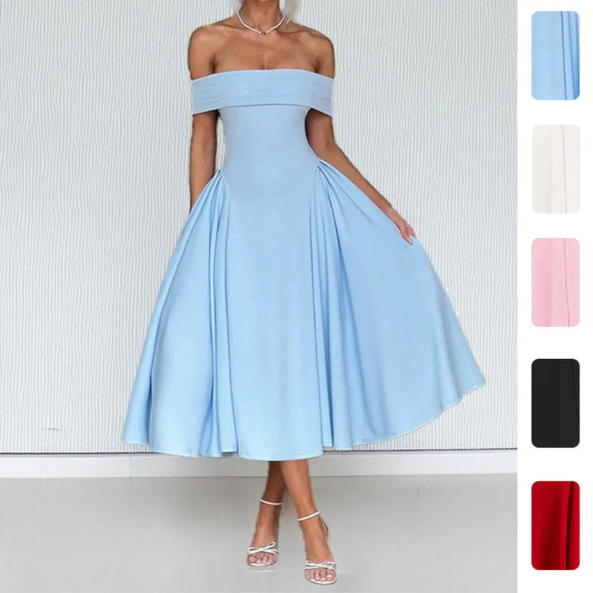 2026 New Summer European American Women Dress Fashion Sexy Off Shoulder Solid Color Fit Flare Midi Dress Elegant Formal Wedding Guest Cocktail Evening Party Dress Multiple Colors Off-Shoulder
