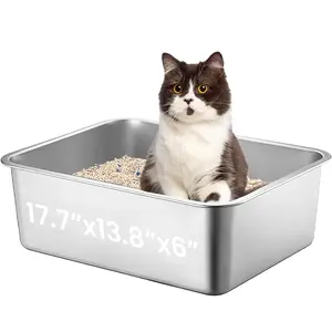 Stainless Steel Cat Litter Box,High Sided Metal Litter Box with Non-Slip Foot Pads for Small Medium Large Cats, Easy to Clean, Anti-Leakage, Non-Sticky