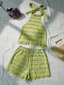 Women's Summer Halter Neck Crop Top with Matching Short Pants, Casual Comfortable for Spring and Summer, Trendy Fashion Set