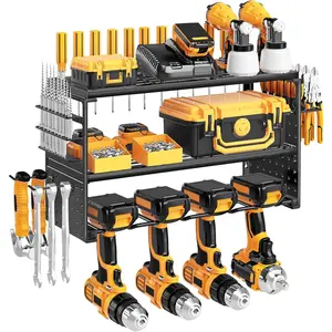 Power Tool Organizer Wall Mount, Heavy Duty 150Lbs Load Capacity with 4 Drill Holders,3 Layer Utility Shelf for Garage Storage and Workshop Organization(Black)