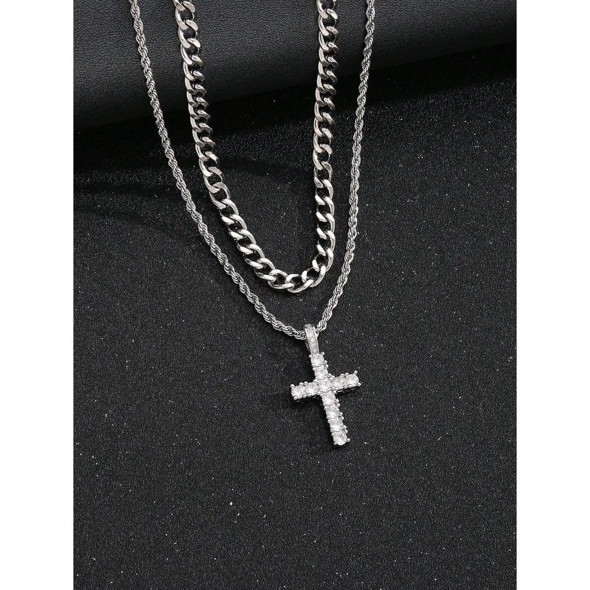 2pcs/Set Kids Personalized Rhinestone Decor Cross Pendant Rope Chain Necklace For Boys Girls Punk Hip Hop Street Jewelry Accessories For Children Birthday Gift