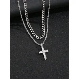 2pcs/Set Kids Personalized Rhinestone Decor Cross Pendant Rope Chain Necklace For Boys Girls Punk Hip Hop Street Jewelry Accessories For Children Birthday Gift