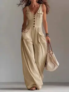 Women's Plain Button Pocket Loose-Fit Casual Jumpsuit, Comfortable Strapless Design, Perfect for All Seasons, Ideal for Daily Wear