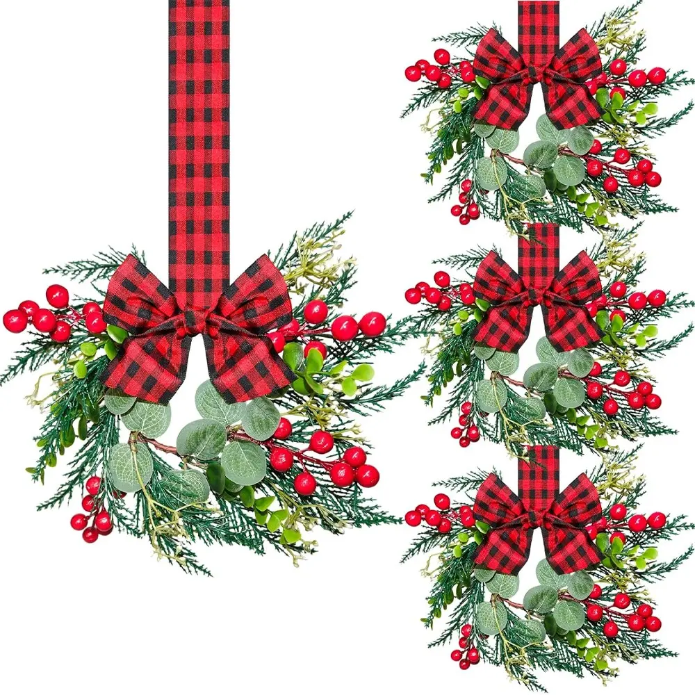 4pcs Small Christmas Decorative Wreath, 12 Inch Mini Cabinet Wreaths for Kitchen, Christmas Kitchen Decor with Ribbon Bows Red Berry Window Wreath for Xmas Porch Wall Door Decor, Christmas Decorations (Christmas Color)