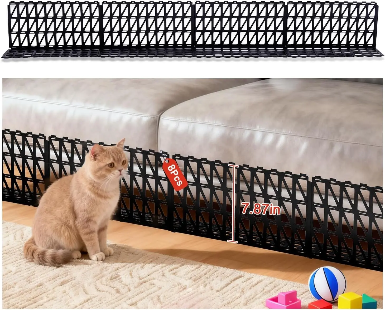 7.9" H 123" L in Total Under Couch Blocker, Under Bed Blocker Keep Dogs | Lightweight plastic pet blocker fits hardwood, splicable for bed cabinet counch, easy install to block pets under sofa