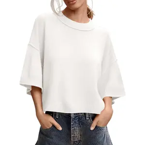 Saodimallsu Womens Short Sleeve Sweater Summer Oversized Cropped Sweaters Casual Crewneck Lightweight Knit Tops