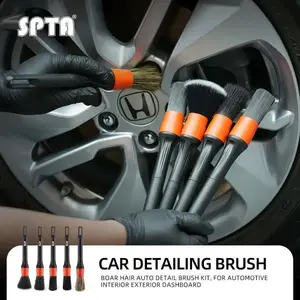 SPTA Car Drill Brush, Drill Brush Attachment 5Pcs Detachable Car Care Detailing Brush Set Soft No Scratch Boar Hair Detail Brush Car Care Detail Brush for Air Vent Automotive Interior Exterior