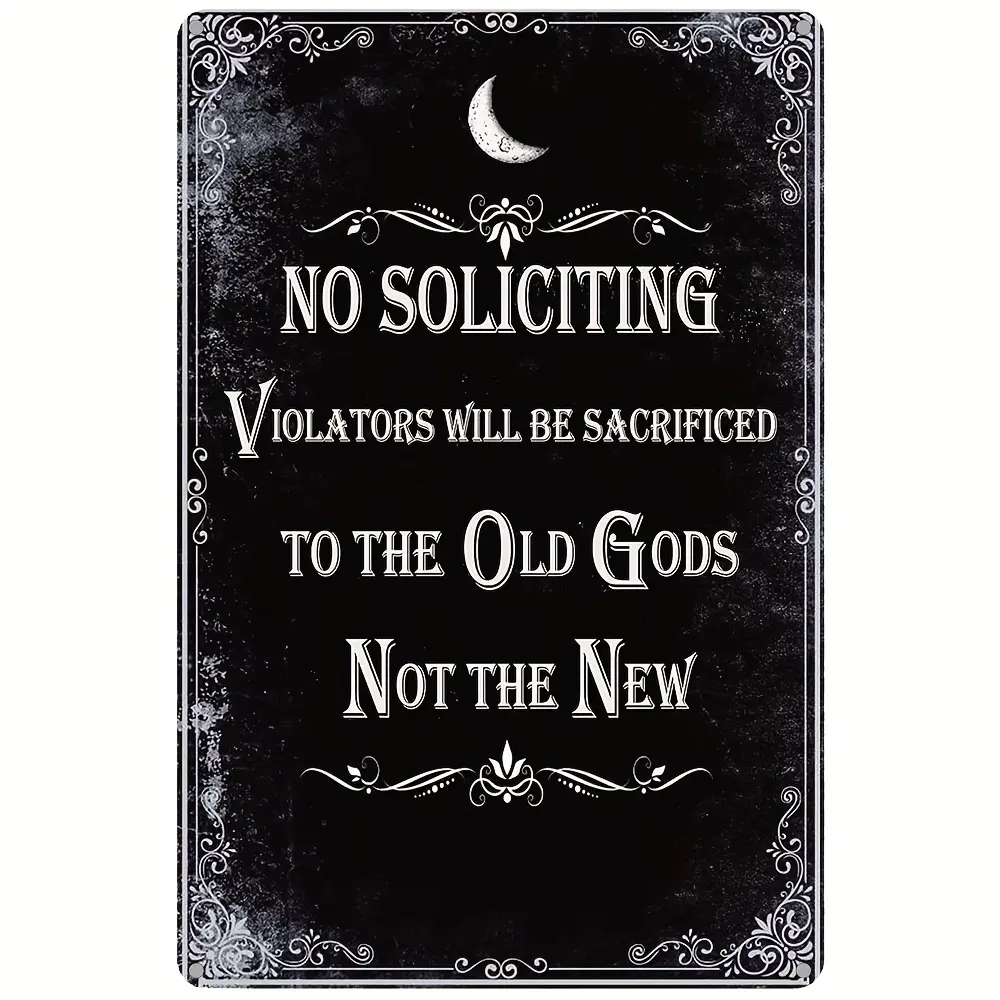 Gothic No Soliciting Metal Wall Sign Plaque - 8"x12" Eco-Friendly Lightweight Vintage Glam Decoration, Humorous Old Gods Sacrifice Warning, Dorm Hanging Home Supplies Gift
