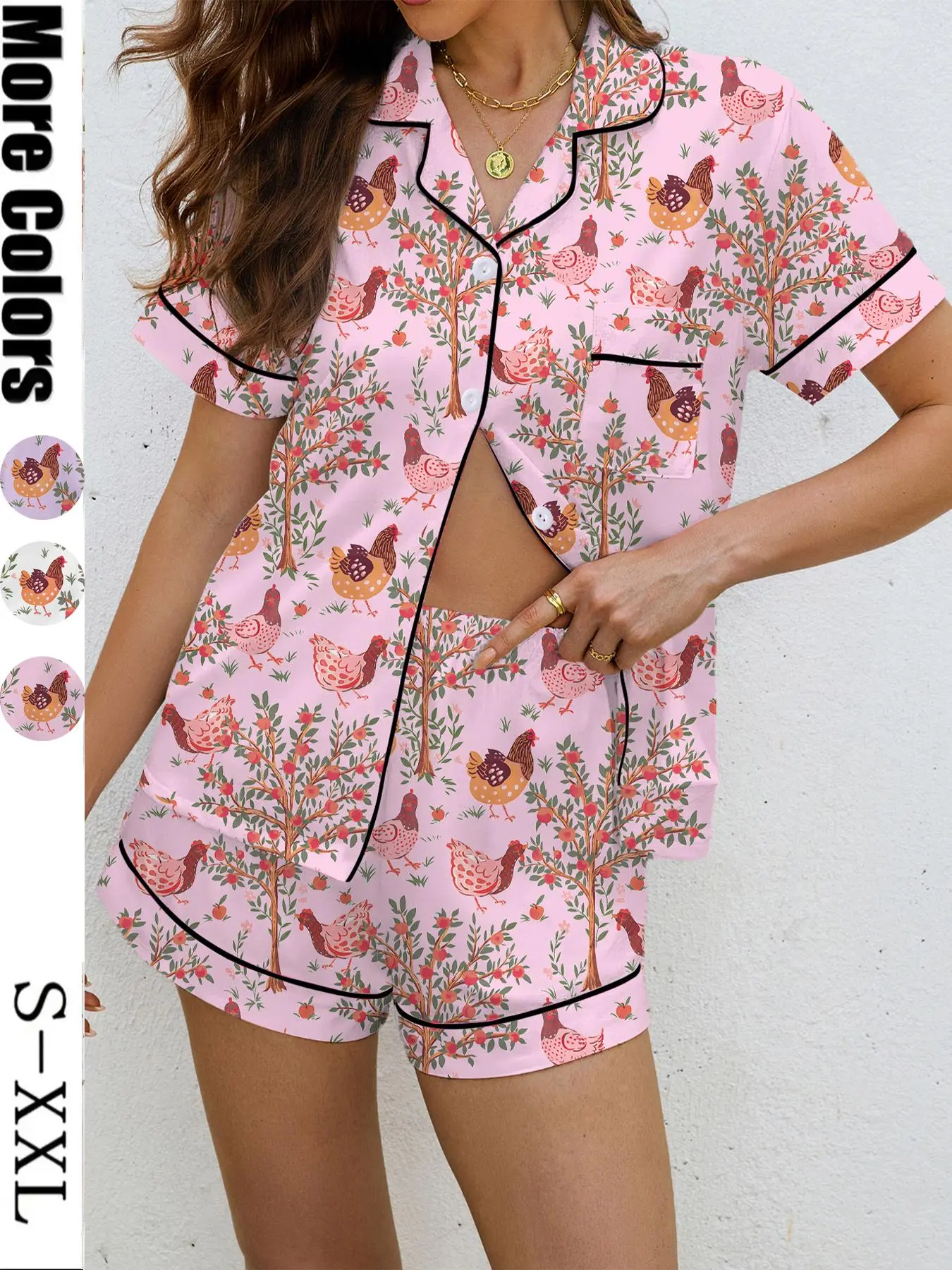 Women's 2-Piece Pajama Set, Rooster Print, Casual Outdoor Wear, Homewear, Loungewear, Soft Shirt Collar Top & Elastic Shorts, Comfortable Home Sleepwear