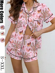 Women's 2-Piece Pajama Set, Rooster Print, Casual Outdoor Wear, Homewear, Loungewear, Soft Shirt Collar Top & Elastic Shorts, Comfortable Home Sleepwear