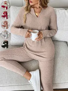 2pcs Women's Casual Fitted Elastic Plush Rib-Knit Long Sleeve T-Shirt And Leggings Set Outfit, for Autumn and Winter Wear