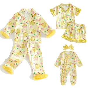 2Pcs Easter Pajamas Sets for Girls Long Sleeve Lapel V Neck Button Down Chick Egg Print Tops and Elastic Waist Pants 2026 New Easter Pajamas