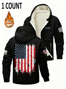 Men's Fall Winter Thick Fleece Hoodie Jacket, American Flag Print, Casual Loose Fit, Soft Warm Zipper Pocket Design