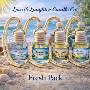 Love & Laughter Candle Co. 4 Pack Hanging Car Diffusers Fresh Pack Includes Crystal Surf Ocean Mist Rain Barrel & Mornings at the Lake for Refreshing Car Aromas
