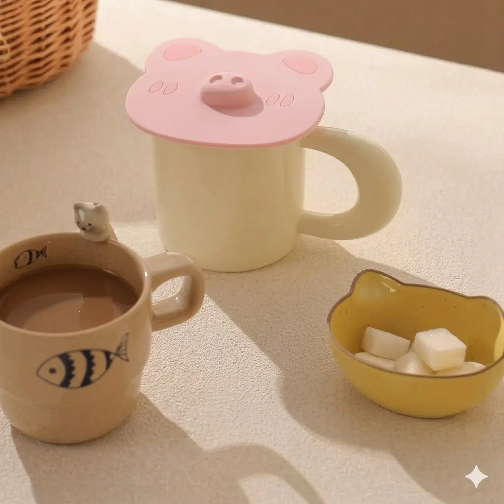 Cute Pig Silicone Cup Lid, Food-Grade Mug Cover, Dustproof & Heat-Resistant, Universal Fit for Cups, Fun Kitchen & Office Decor