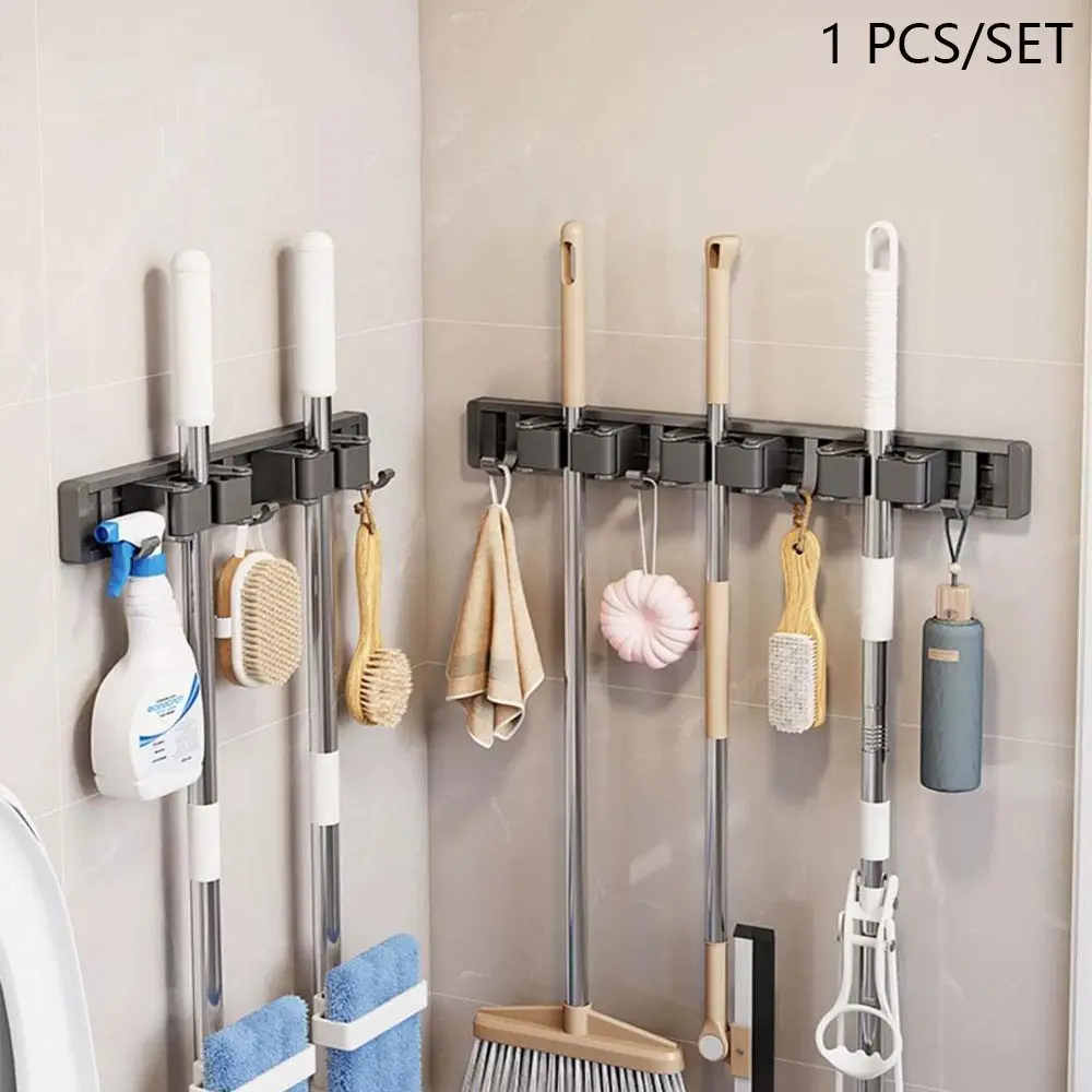 Wall Mounted Broom & Mop Holder, Space Saving Adjustable Broom Storage Rack with Hook, Home Organizer for Bathroom Kitchen Garden Garage, Bathroom Organizing Accessories, Adjustable Hangable