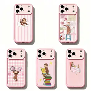 TY-Pink Curious Georgee Phone Case,Cute Cartoon Monkey Phone Case,Cute Monkey Print on Striped & Gingham Pastel Pink Background with Pink Frame Protective Cover For iPhone 11 12 MINI 13 MINI 14 15 16 17 Air Pro Max for Samsung S26 S25 S24 S23 S22 S21 Case