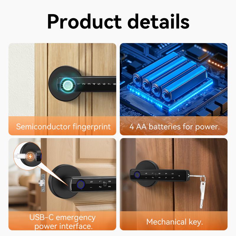 Smart Fingerprint Door Lock with Handle Keyless Entry 4-in-1 Card APP Backup Key Bedroom Home Privacy Apartment Local Data Storage