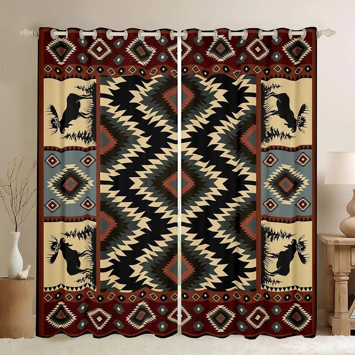 Buffalo Southwest Rustic Curtain,Country Farmhouse Aztec 100% Blackout Window Curtain Tribal Deer Window Treatments Wildlife Hunting Curtains Drapes Western Cabin Decor