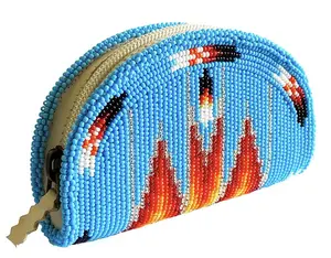 Hand Beaded Native American Inspired Ethnic Style Seed Bead Coin Purse - Cyan Feather