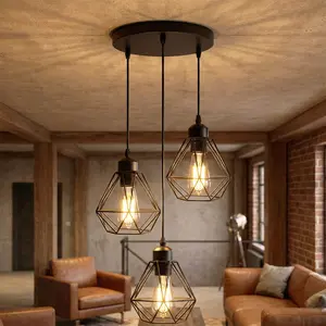 Industrial Style Iron Cage Pendant Light, 3 Bulb E27 Socket, Height Adjustable 90cm, Round Base, Vintage Restaurant Bar Hallway Lamp